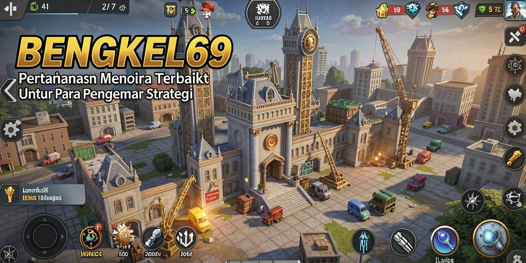 Screenshot gameplay BENGKEL69 menunjukkan menara pertahanan yang siap menghadapi musuh.
