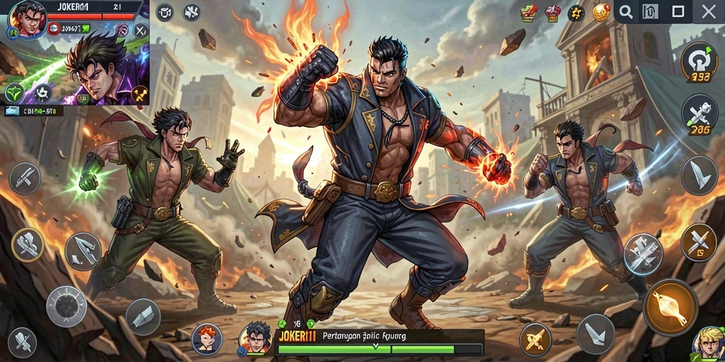 Tangkapan layar menunjukkan pertarungan epik dalam JOKER11 dengan karakter yang sedang beraksi.