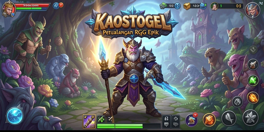 Tangkapan layar utama KAOSTOGEL menampilkan pertempuran seru dan landscape fantasy.