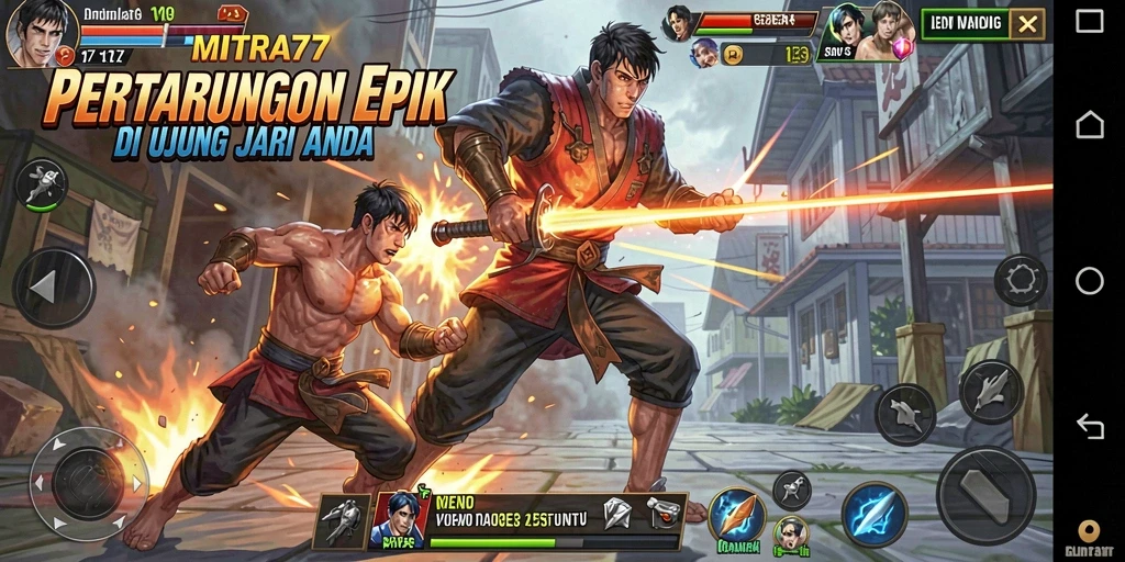 Screenshot gameplay pertarungan seru dalam MITRA77 dengan karakter yang dinamis.