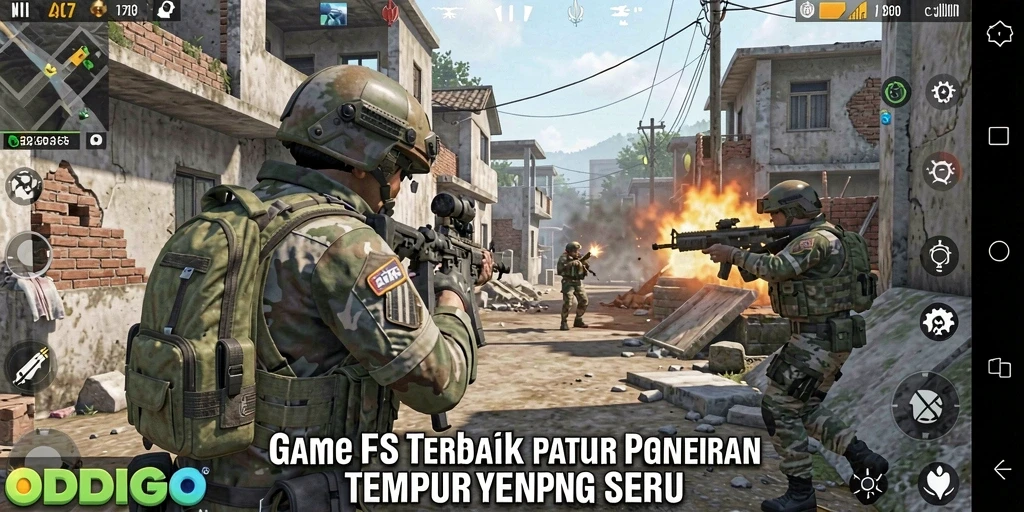 Tampilan utama ODDIGO yang menunjukkan aksi pertempuran FPS yang mendebarkan.