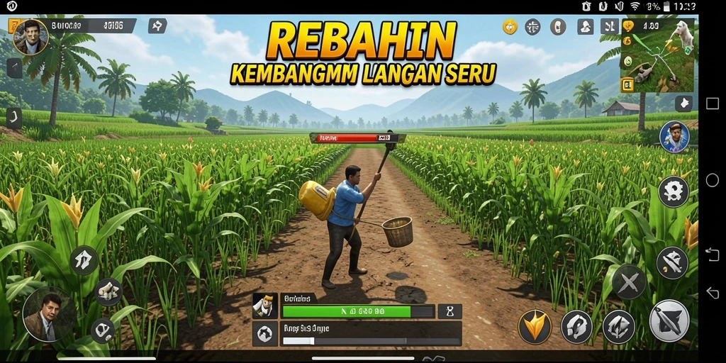 Screenshot menampilkan ladang hijau subur dengan berbagai tanaman.