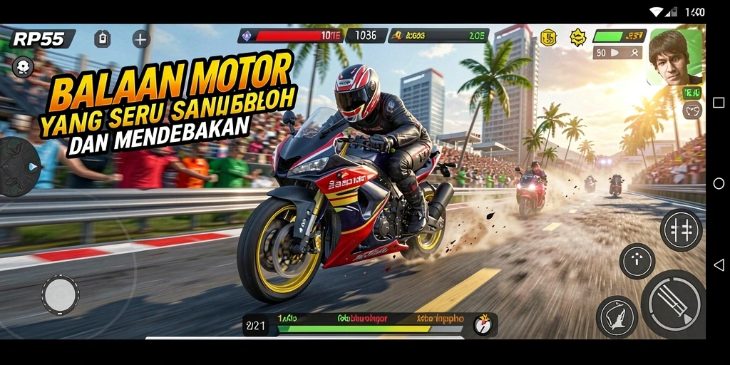 Gameplay seru RP55 dengan balapan motor yang mendebarkan.
